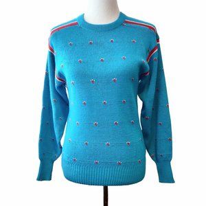 Vintage Ossi Skiwear Womens M Blue Embroidered Acrylic Wool Blend Sweater Flaw